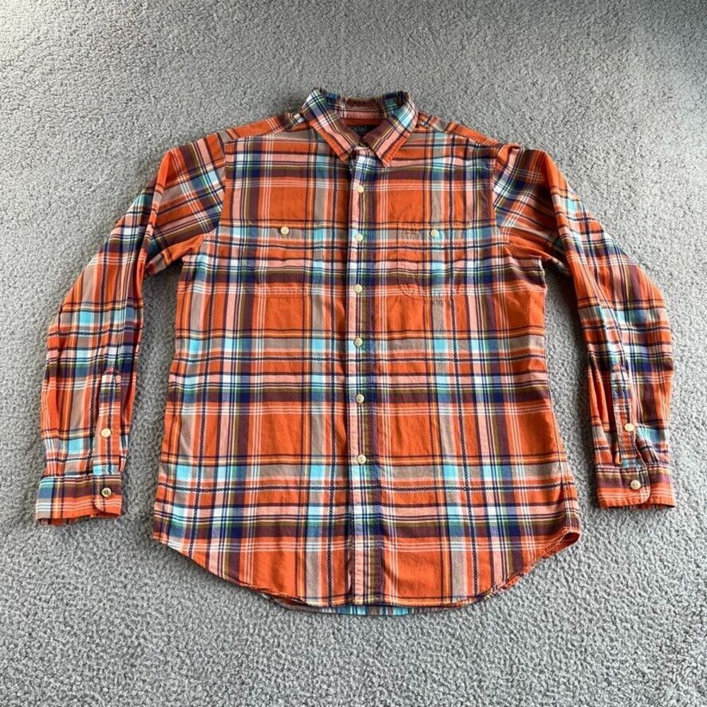 Ralph Lauren Shirt Mens Large Orange Blue Madras Plaid Long Sleeve Casual Pocket